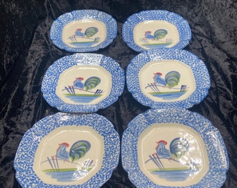 GUSTIN CO Los Angeles Potteries Rooster Blue Spongeware Rim Salad Plates 8.5”
