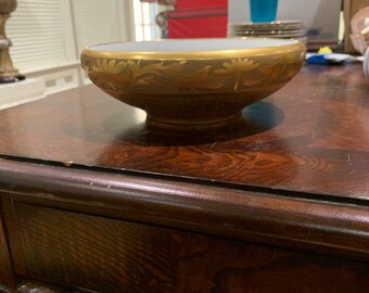 Beautiful Gold Tone Ceramic Serving Bowl with Embossed Decoration