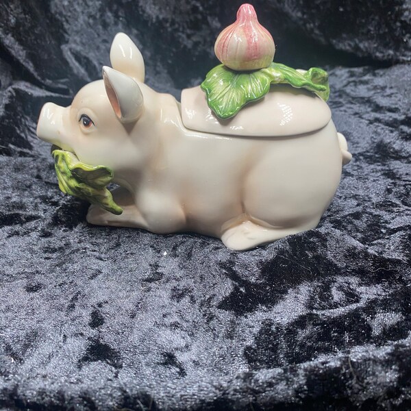 Fitz and Floyd French Market Pig Ceramic Covered Condiment Jar Dish & Spoon