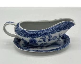 Vintage Victoria Ware Old Willow English Ironstone Gravy Boat w/ Underplate