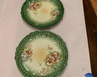 Antique Plates - Dark Green With White Floral Trim - Hand Painted - Floral