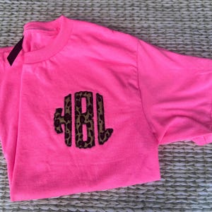 Youth and Adult Hot Pink leopard embroidered monogram tee