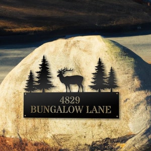 Metal Address Sign: Mountain Deer, Custom House Number, with Stakes