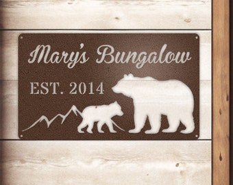 Custom Metal Sign Mama Bear and Cub for Mountain Home Personalized Weatherproof Mountain Cabin Signs Rustic Metal Decor for Ski Home Gifts
