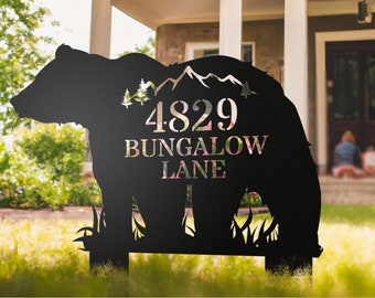 Large Bear Shaped Metal Address Sign Stakes for Front Yard Personalized Address Signs for Ground Custom Street Number Mountain AirBNB Signs