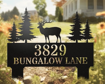 Deer Address Sign for Ground With Stakes Custom Outdoor Metal Deer Street Number Signs for Front Lawn AirBNB Decor Mountain Cabin House Sign