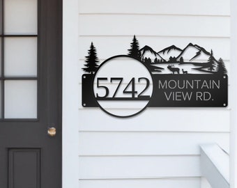 Custom Metal Address Sign for Outdoor Street Number Sign for Front Door in Ground Mountain Cabin AirBNB Decor Personalized Housewarming Gift