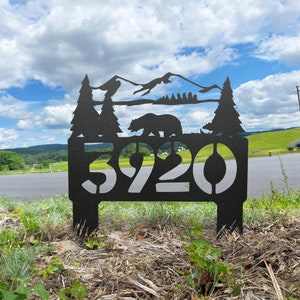 Bear Address Sign, Mountain Cabin Decor, Outdoor Lawn Art, In Ground with Stakes, Mailbox Numbers, Driveway Address Signs, Metal Address