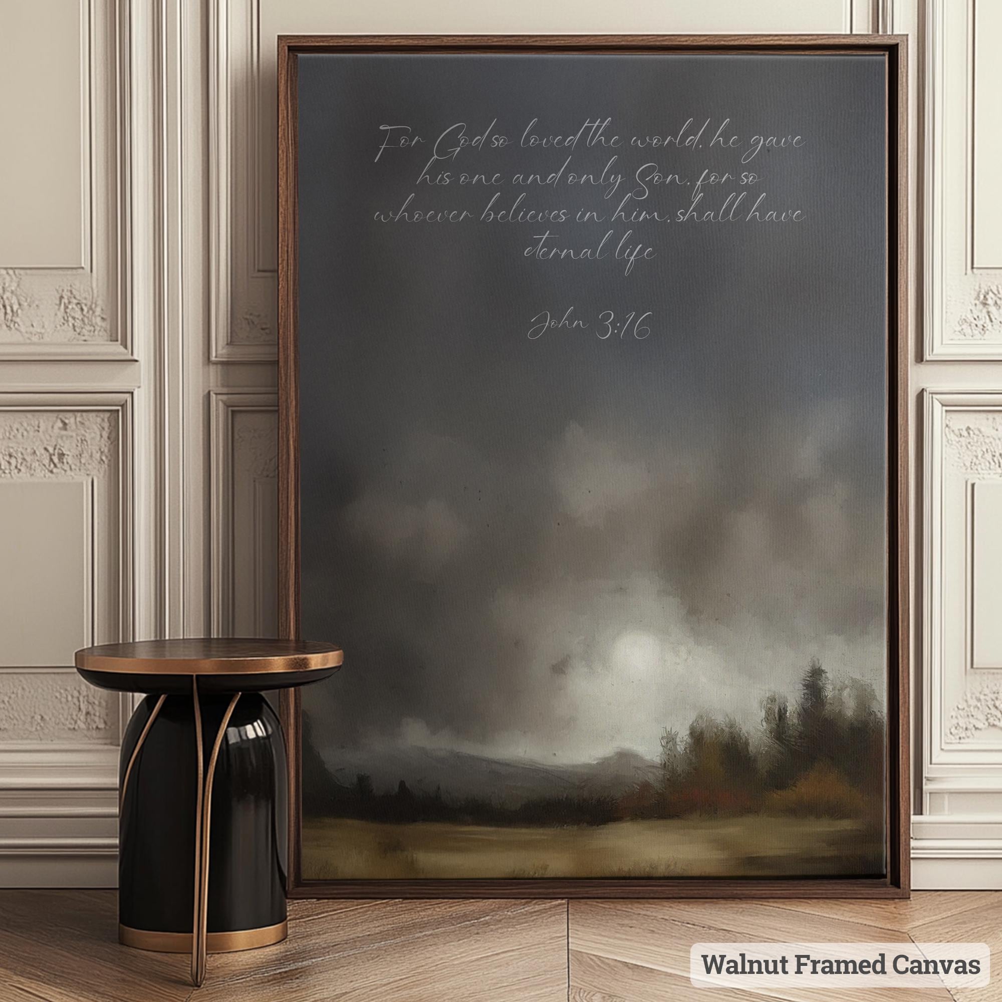 Vintage Scripture Artwork Canvas Wood or Metal Dark Moody Landscape Art for Living Room, Entryway Christian Wall Decor With Bible Verse 002