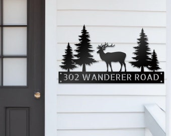 Personalized Address Sign for Door Custom Outdoor Metal Street Number Sign for Front Lawn Ground with Stakes AirBNB Decor Mountain Deer Elk