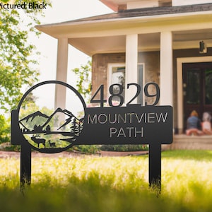 Outdoor Metal Driveway Address Sign With Deer  Large Street Number Signs for Front Yard With Stakes Mountain Cabin Family Name Address Sign
