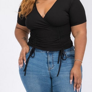 Ribbed Ruched Drawstring Top Plus Size