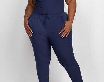 Sleeveless Ribbed Jumpsuit with Drawstring and Pockets Plus Size