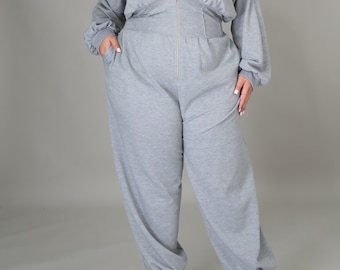 Stretchable Long Sleeve Jumpsuit with Hoodie and Pockets Plus Size