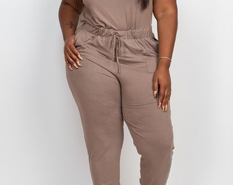 Solid Short Sleeve Jumpsuit with Drawstring and Pockets Plus Size