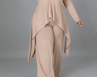 Long Sleeve Top and Pant Set with Wide Leg, Plus-Size, Two-Piece Outfit, Matching Set