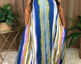 Plus Size Summer Loose Fit Halter Dress, Multicolor, Maxi Dress, Long Dress, Sleeveless