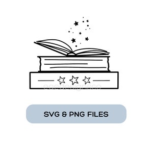 May include: Black and white line art illustration of a stack of books with an open book on top. Stars are floating above the open book. The text "eacedesignsco" is below the books.