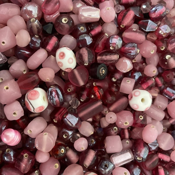 Pink  Glass Bead Mix 50g Opaque ,lustre Pink with Silver Spacers various shapes,sizes and Colours/Beads detash/Unique Beads/Bead Soup