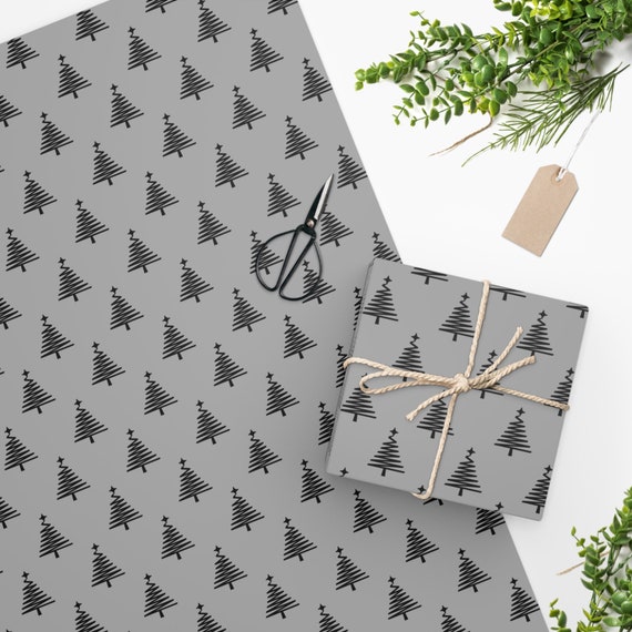 Midnight Black Christmas Tree Wrapping Paper, Aesthetic Wrapping