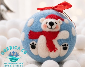 Wool Needle Felted Polar Bear Ornament: Handmade Wool Nordic Christmas Decor