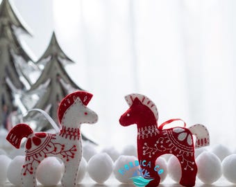 Handmade Wool Felt Horse Ornaments - Scandinavian Nordic Set of 2