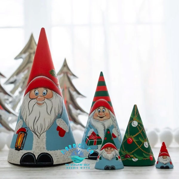 Hand Painted Wooden Nesting Gnome Set, Scandinavian Tomte Santa