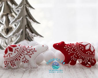 Handmade Wool Felt Polar Bear Ornaments: Scandinavian Christmas Decor (Set of 2)