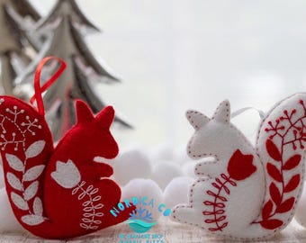 Handmade Felt Wool Squirrel Ornaments (Set of 2): Scandinavian Christmas Decor