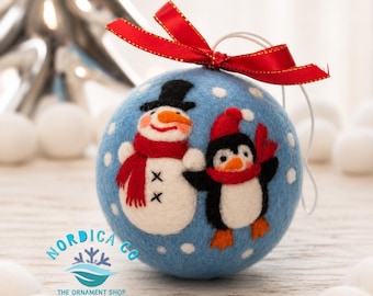Needle Felted Snowman & Penguin Ornament: Handmade Wool Nordic Decor