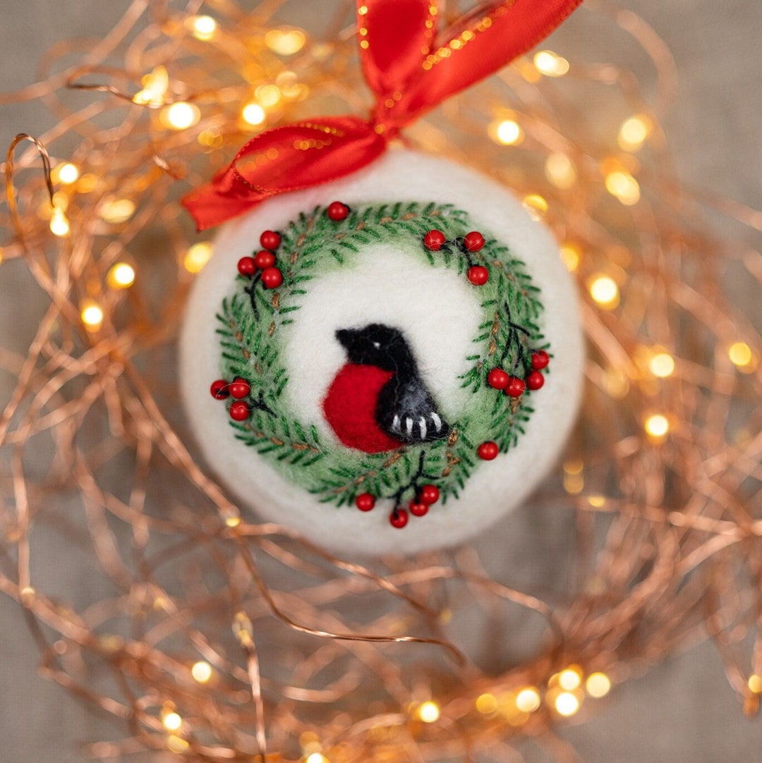 Hand Crafted Wool Needle Felted Ornament Bullfinch , Felt Bird Ornament