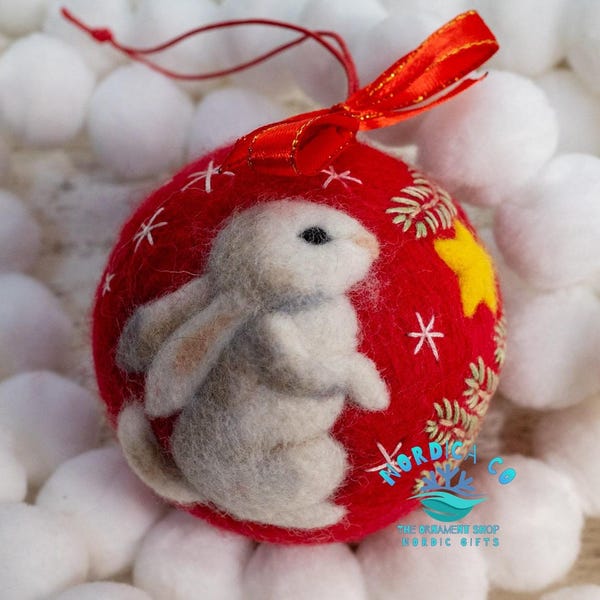 Needle Felted Wool Arctic Hare Ornament: Scandinavian Christmas Decor
