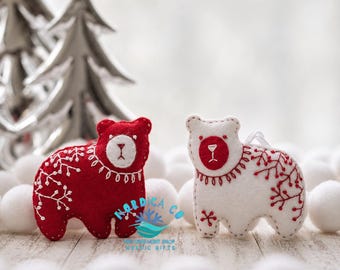 Handmade Felt Wool Bear Ornaments (Set of 2): Handcrafted Scandinavian Christmas Decor