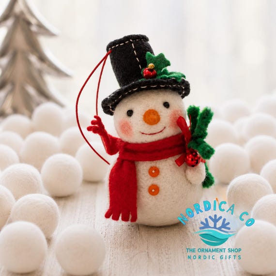 Needle Felted Wool Snowman Ornament - Scandinavian Christmas Decor