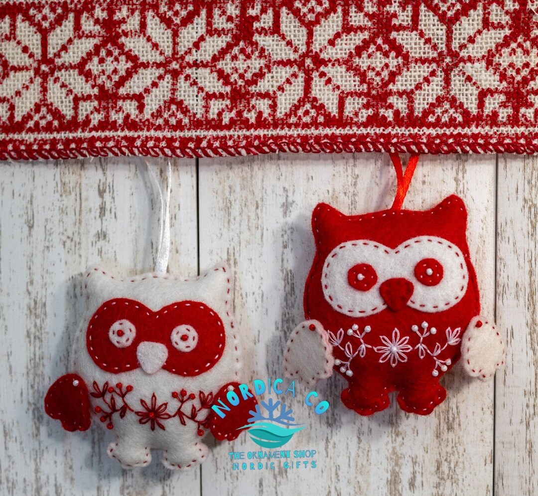 SET of 2 Hand Crafted Wool Felt Owl Ornaments , Felt Owls , Owl