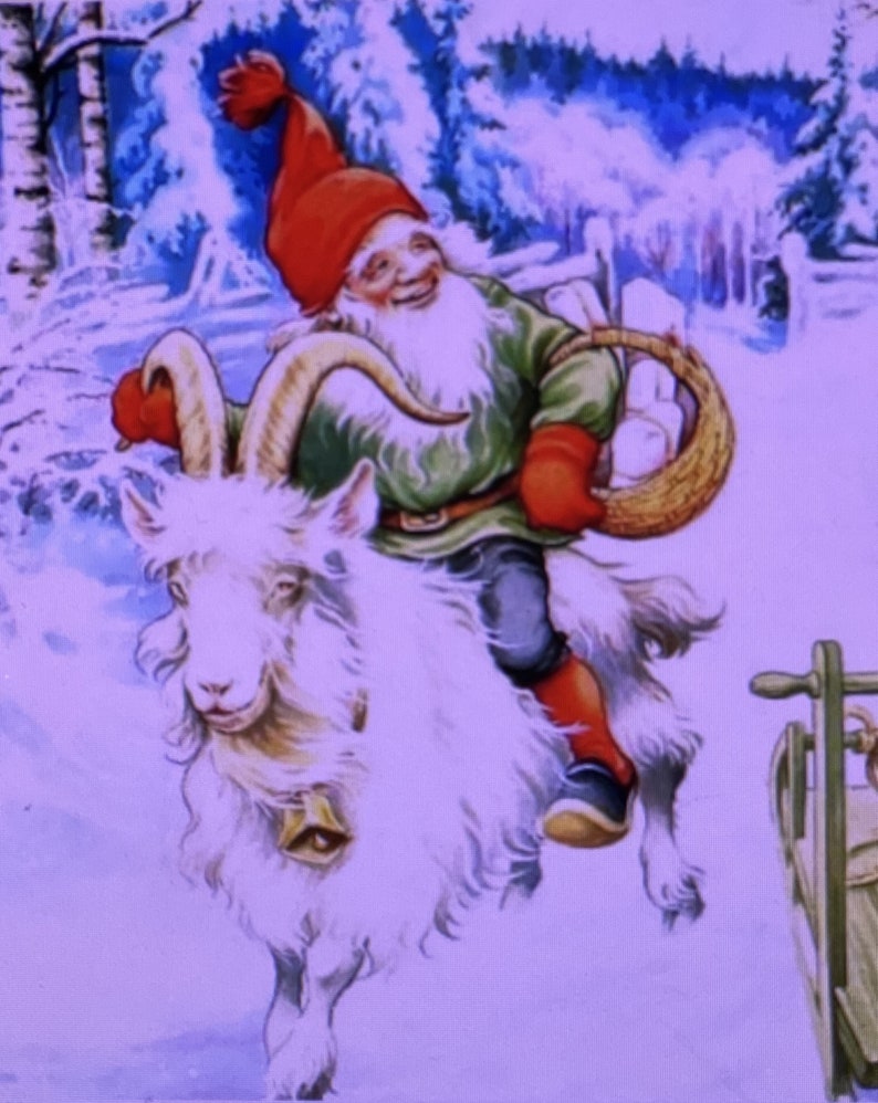 May include: A festive illustration featuring a bearded gnome wearing a red hat, green jacket, and red mittens, riding a white goat with curved horns and a bell around its neck. The gnome carries a woven basket in a snowy, winter forest setting.