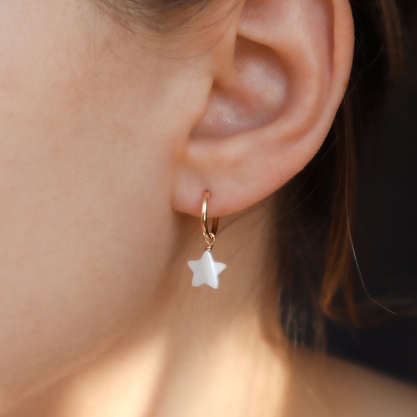 Star Hoop Earrings | Mother of Pearl Star | 14k Gold Filled Hoops | Tiny 12mm Hoops | Minimalist Earrings