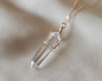 Clear Quartz Wire Wrapped Crystal Necklace | 14k Gold Filled | Wire Wrapped Pendant | Quartz Crystal Point | Delicate Chain