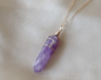 Amethyst Wire Wrapped Crystal Necklace | 14k Gold Filled | Crystal Point Pendant | Delicate Chain | Purple Gemstone | February Birthstone