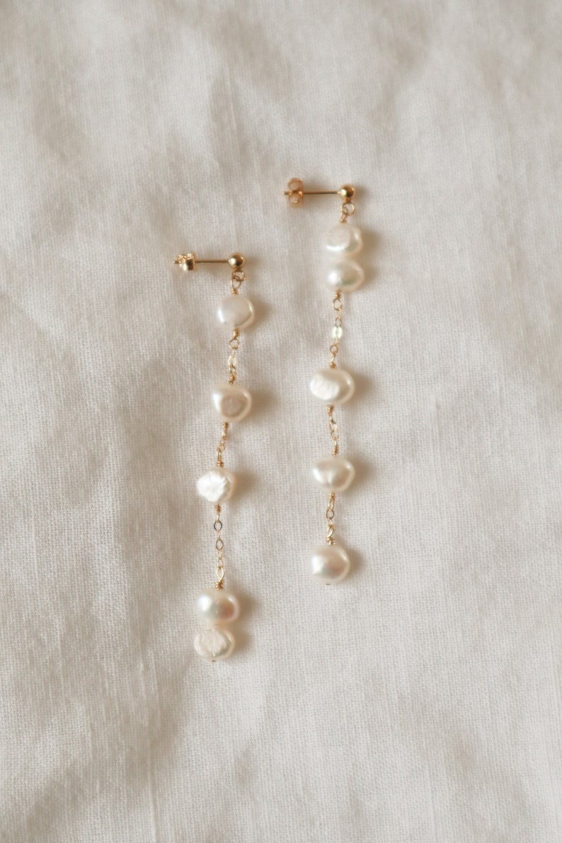 Hanging Pearl Earrings 14k Gold Filled Chain Earrings Unbalanced Freshwater Baroque Pearls 3mm Ball Post Stud Bridal Jewelry image 3