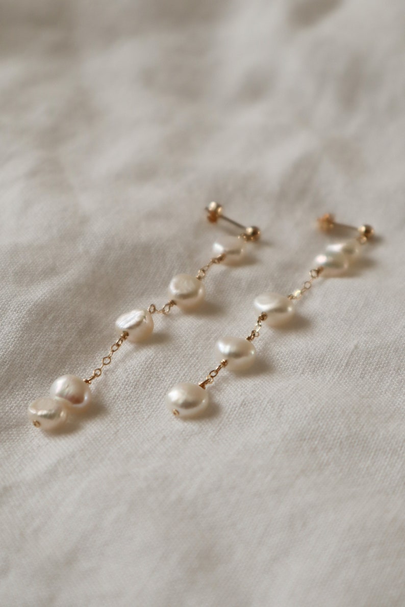 Hanging Pearl Earrings 14k Gold Filled Chain Earrings Unbalanced Freshwater Baroque Pearls 3mm Ball Post Stud Bridal Jewelry image 4