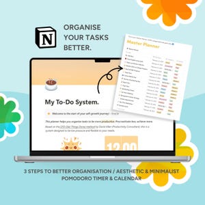 Op de afbeelding: Een laptopscherm waarop een to-do-systeem wordt weergegeven met een felgele zonafbeelding en de tekst "My To-Do System." Het scherm toont ook een kalender met de tekst "Master Planner" en een Pomodoro-timer met de tekst "12:00". De laptop staat op een blauwe achtergrond met gele en groene bloemenafbeeldingen.