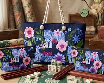 Blue Tiger Floral Mahjong Tote Bag Set, Mahjong Rack Bag & Tile Bag, American Mahjong Accessories, Mahjong Gift for Women, Game Night Bag