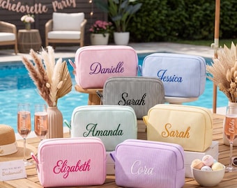 Personalized Seersucker Makeup Bag, Custom Embroidered Cosmetic Bag, Monogram Toiletry Bag, Travel Zipper Pouch, Bridesmaid Gift for Women