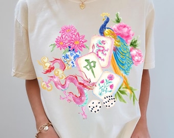 Comfort Colors® Mahjong & Blooms Shirt, Chinoiserie Mahjong Tee, Peacock Floral Graphic T-Shirt, Mahj Lover Gift, Girls Night Game Shirt
