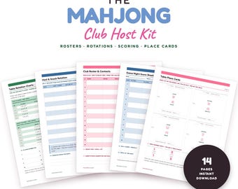 Mahjong Game Night Printable | Mahjong Party Planner & Club Host Kit | Roster, Score Sheets, Table Rotation Charts | 14 Page PDF