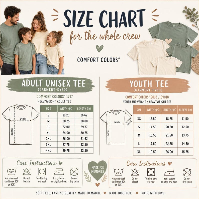 May include: Size chart for adult and youth unisex tees, garment-dyed. Includes measurements in inches for width, length, and sleeve length. Care instructions are also provided. The shirts are Comfort Colors brand.