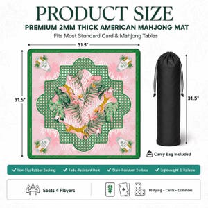 May include: A square 31.5-inch by 31.5-inch American Mahjong mat with a 2mm thickness. The mat features a pink background with a green lattice border, tropical leaves, flamingos, and leopards. It includes a black cylindrical carry bag.