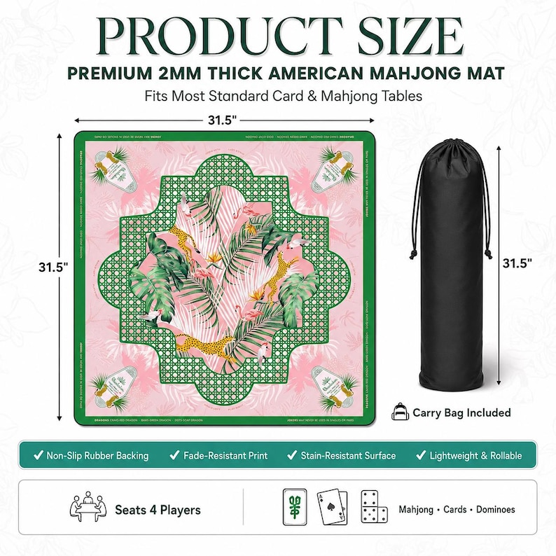 May include: A square 31.5-inch by 31.5-inch American Mahjong mat with a 2mm thickness. The mat features a pink background with a green lattice border, tropical leaves, flamingos, and leopards. It includes a black cylindrical carry bag.