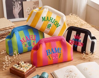Mahjong Tile Bag, Embroidered Striped Knit Mahjong Clutch, Personalized Mahjong Tile Storage Pouch, Mahjong Accessories, Gift for Her